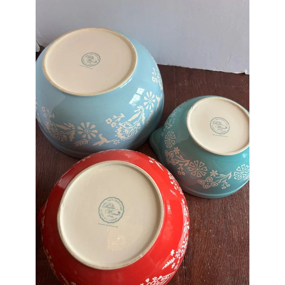 Pioneer Woman Nesting Mixing Bowls Set of 3 Floral Hummingbird Red Blue Teal